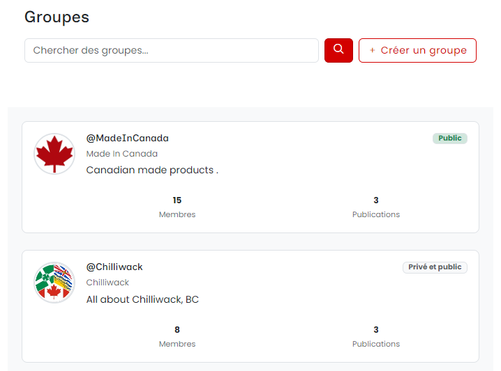 Page de recherche et liste des Groupes